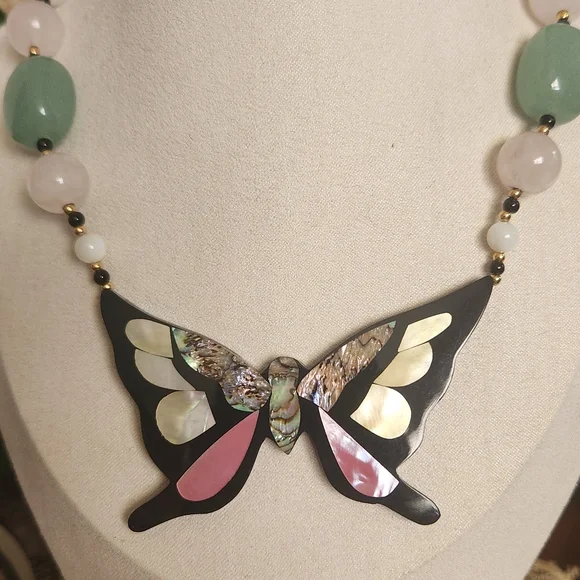 Lee Sands Vintage Inlay Elegant Butterfly Necklace with Pink and Green Accents - Picture 2 of 10